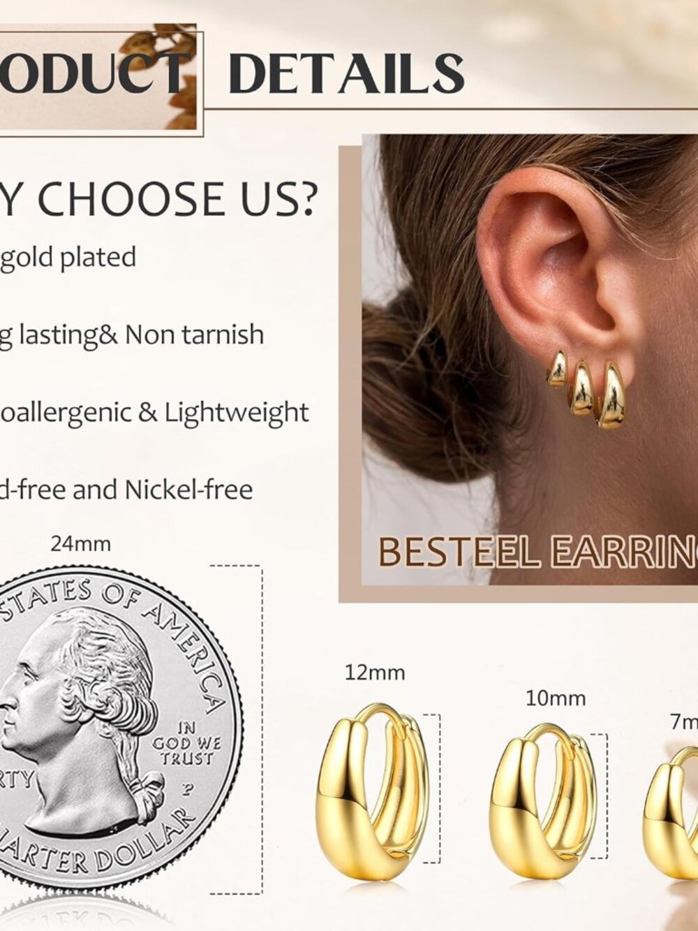 3Pairs 14K Gold Plated Hoop Earrings Set for Women Chunky Earring Silver Plated - Picture 5 of 7
